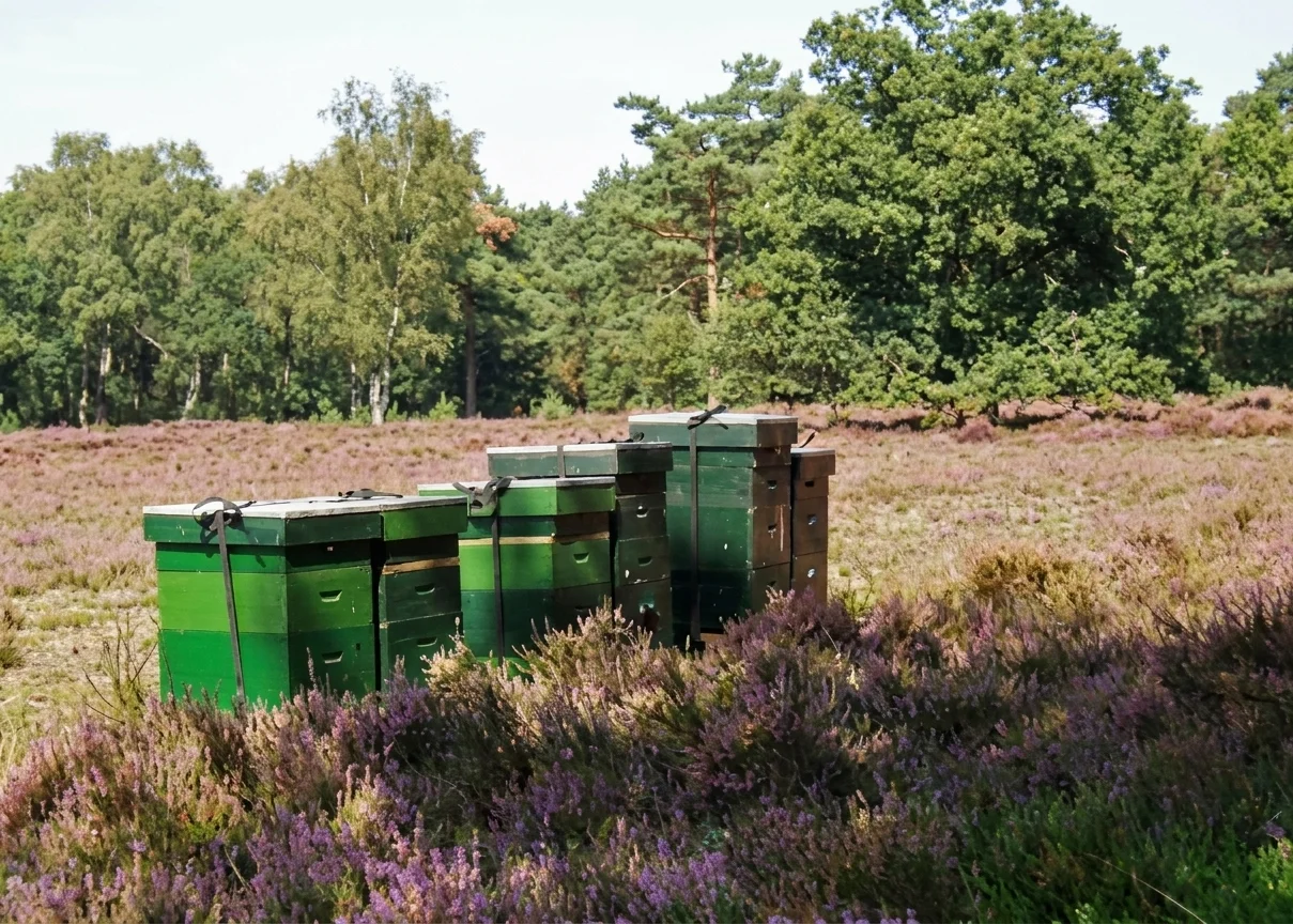 Bijenkasten op de bloeiende heide